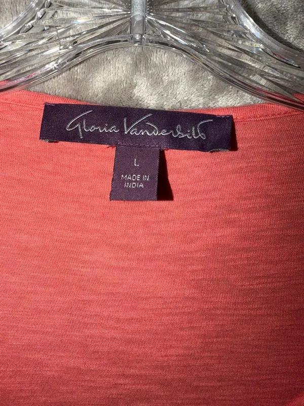 Gloria Vanderbilt Zuri Roll Up Sleeve Blouse Size L Coral Pink Crochet - Image 7