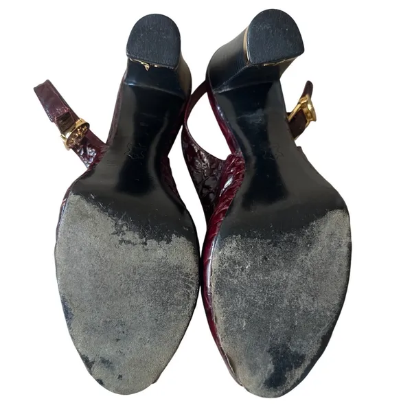 Tory Burch Allison Croc Patent Slingback Peep Toe‎ Block Heels 8 Bordeaux - Image 11