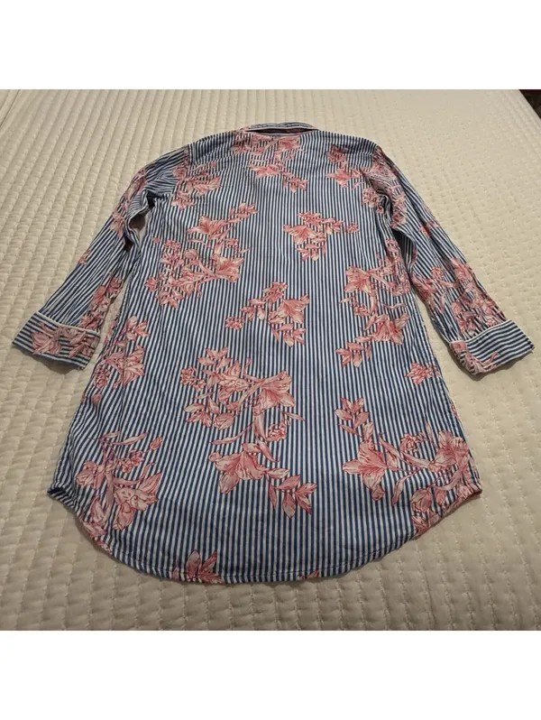 Lauren Ralph Lauren Floral & Stripe Blue Pajama Sleep Shirt Button Up M Medium - Image 8