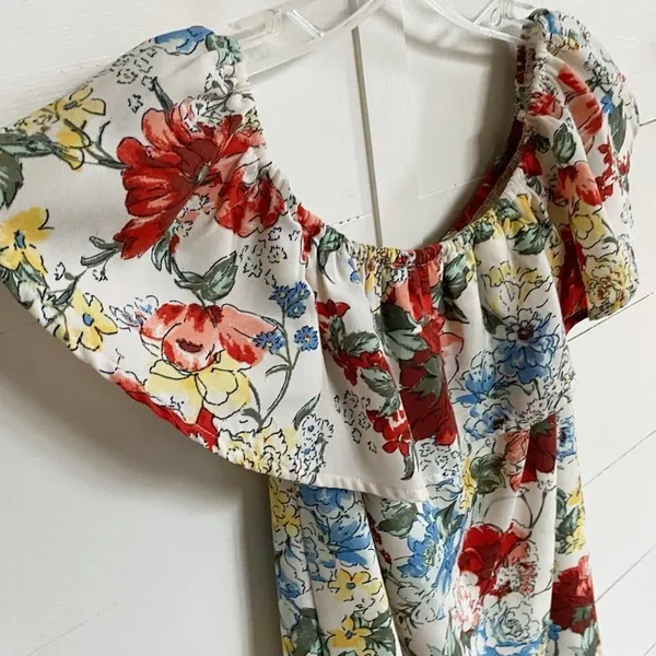 Abercrombie‎ & Fitch Floral Off-The-Shoulder Ruffle Mini Dress White Small - Image 6
