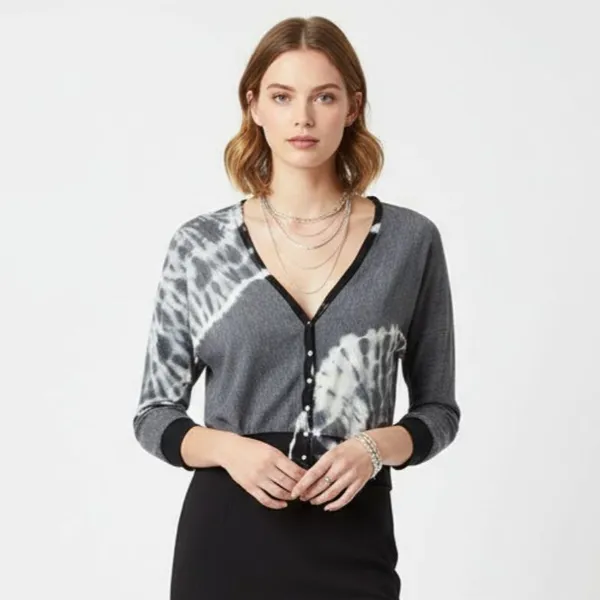 Young Fabulous and Broke Gray Cropped Button Front Tie Dye Long Sleeve Top L - Image 6