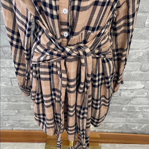 Vici Touch of Plaid Shirt Dress in Tan and Navy - Image 2