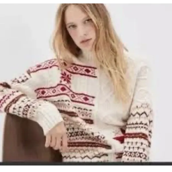 American Eagle Sweater Womens Large White Nordic Fair Isle Knit Pullover - Image 2