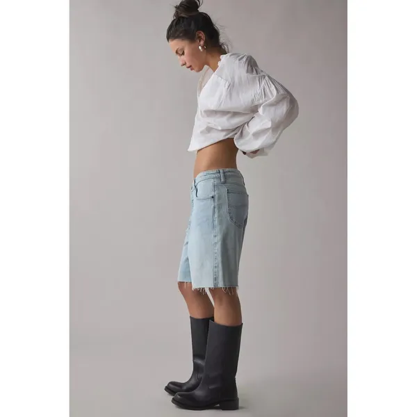 Lee Mid-Rise Slouch Bermuda Denim Shorts Light Wash Raw Hem Button Fly 24 - Image 3