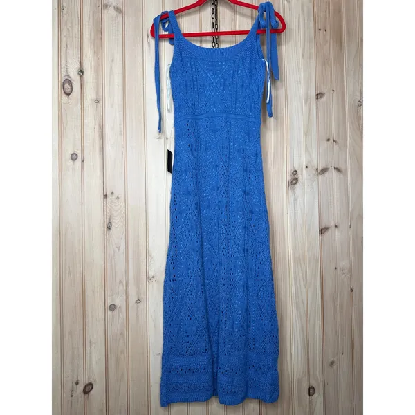 NWT Lulus Adorable Darling Blue Crochet Tie-Strap Midi Dress Holiday Gala Sz M - Image 7