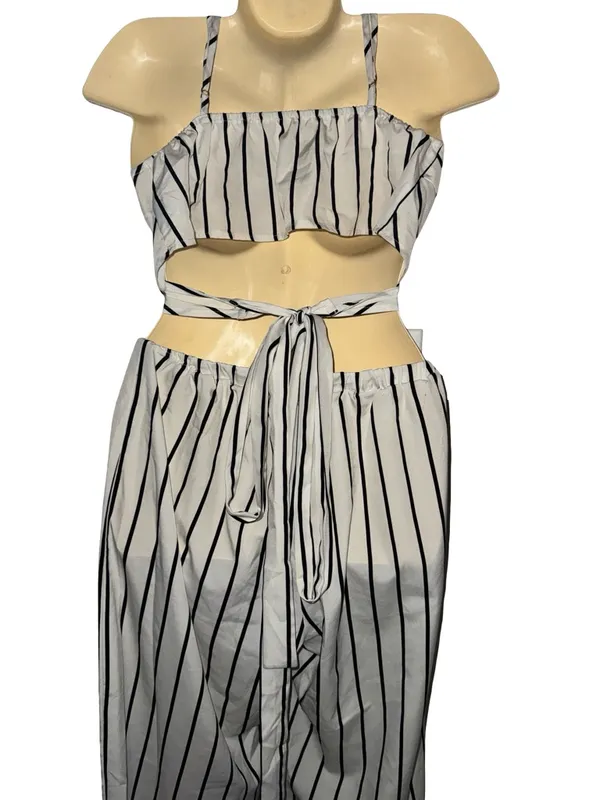 SHEIN White & Black Striped Two-Piece Wide-Leg Jumpsuit Set - Image 6