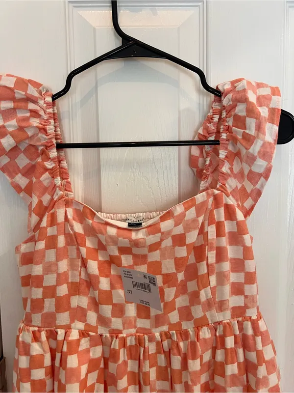 American Eagle Outfitters Coral and White Checkered Ruffle-Strap Romper - Image 4