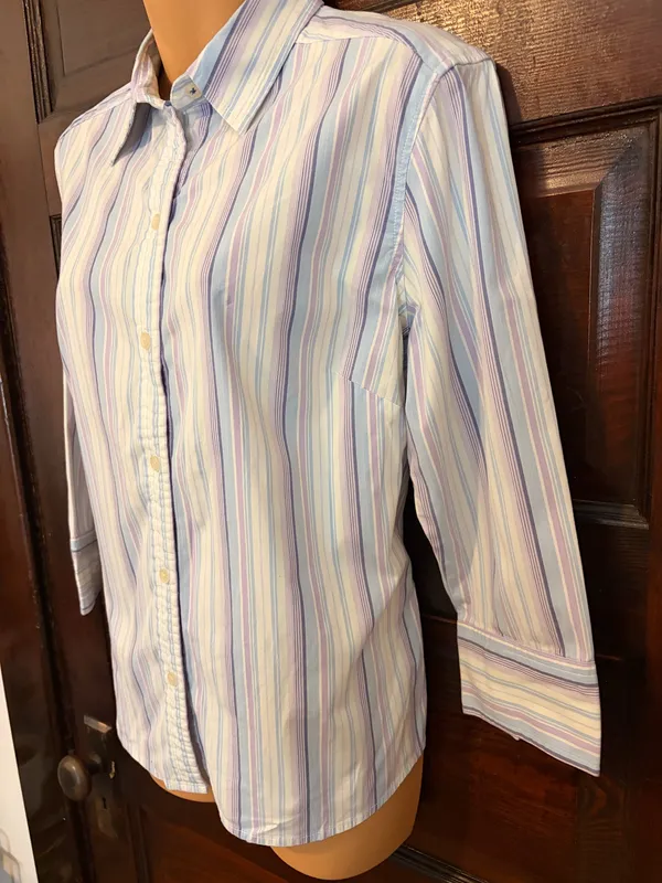 Sz L Sz LG Eddie Bauer Striped 3/4 Sleeve Button-Down Shirt - Image 5