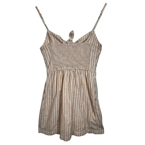 Abercrombie & Fitch White Tan Beige Striped Tie Front Smocked Mini Dress Size XS - Image 5