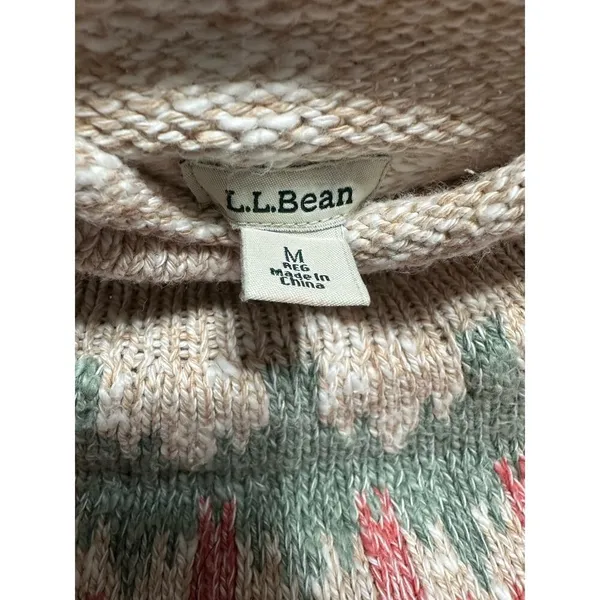 LL Bean Sweater Womens medium Beige Fair Isle Cotton Chunky Knit Mock Neck - Image 8