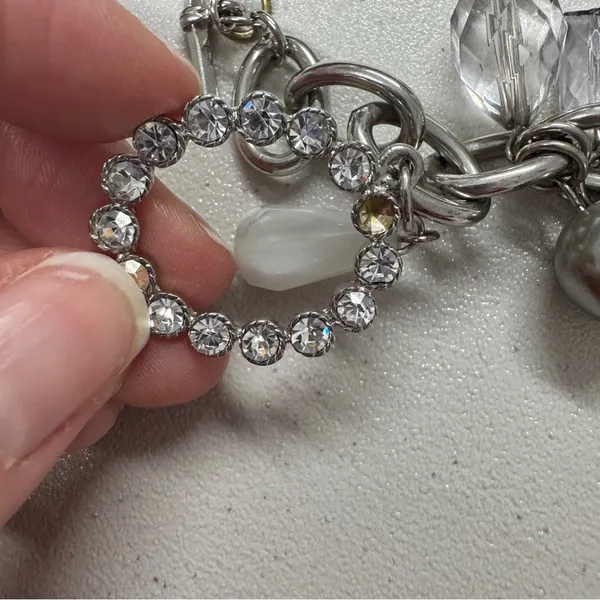 Silver Tone Chunky Charm Bracelet Hearts Rose Rhinestone - Image 2