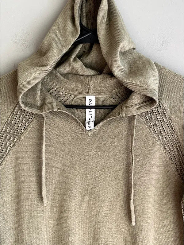 Athleta Evergreen Hoodie Sweater Pullover Olive Green Knit XS - Image 3