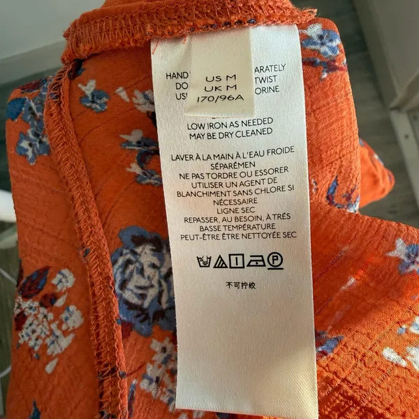 Free People Orange and Blue Floral Cinched V-Neck Longsleeve Blouse Size M - Image 7