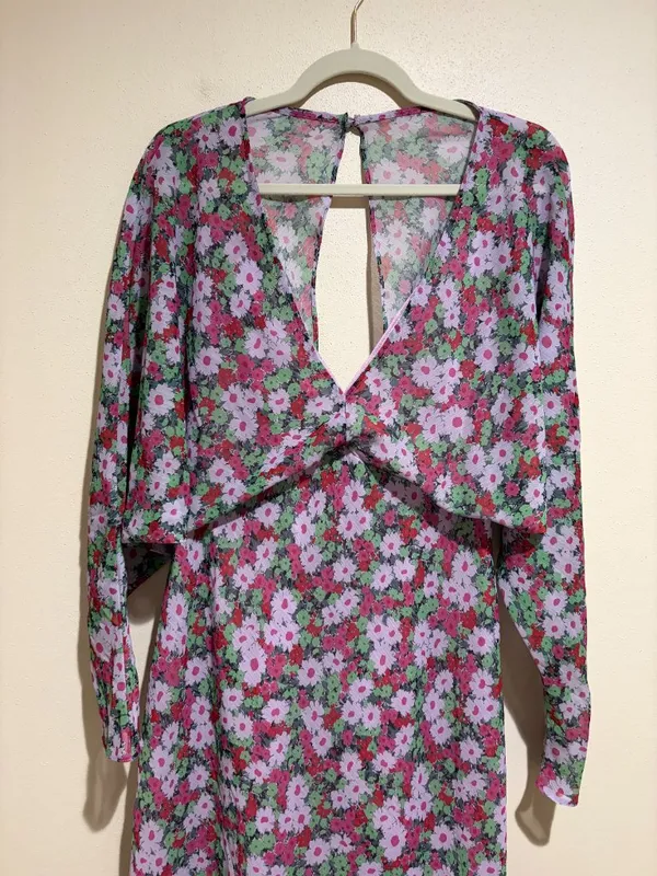ASOS Design V Neck Batwing Floral Midi Dress Long Sleeve - Image 4