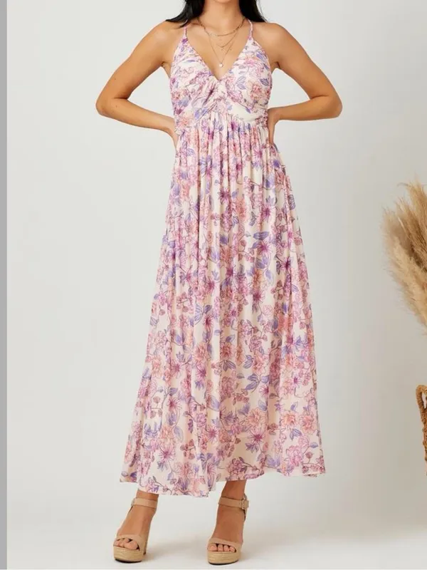 Mystree Cream Floral Mesh Maxi Dress Criss Cross Back Polyester Blend Sz L NWT - Image 2