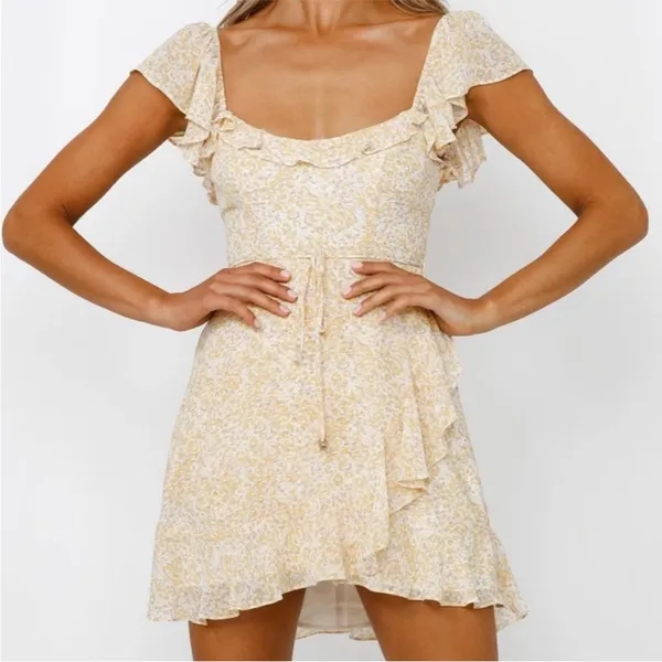 HELLO MOLLY Taking Over This Scene Ruffle Trim Waist-Tie‎ Dress Yellow Floral L - Image 3