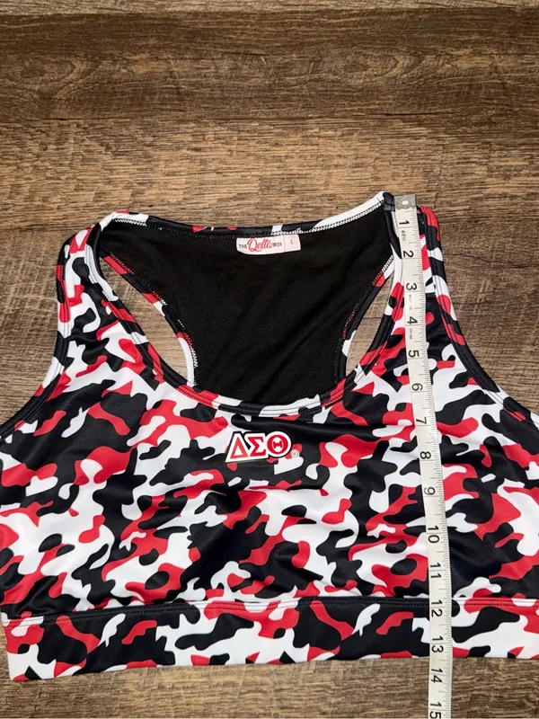 Delta Sigma Theta Red/Black/White Camo Sports Bra Women’s Size Large - Image 5