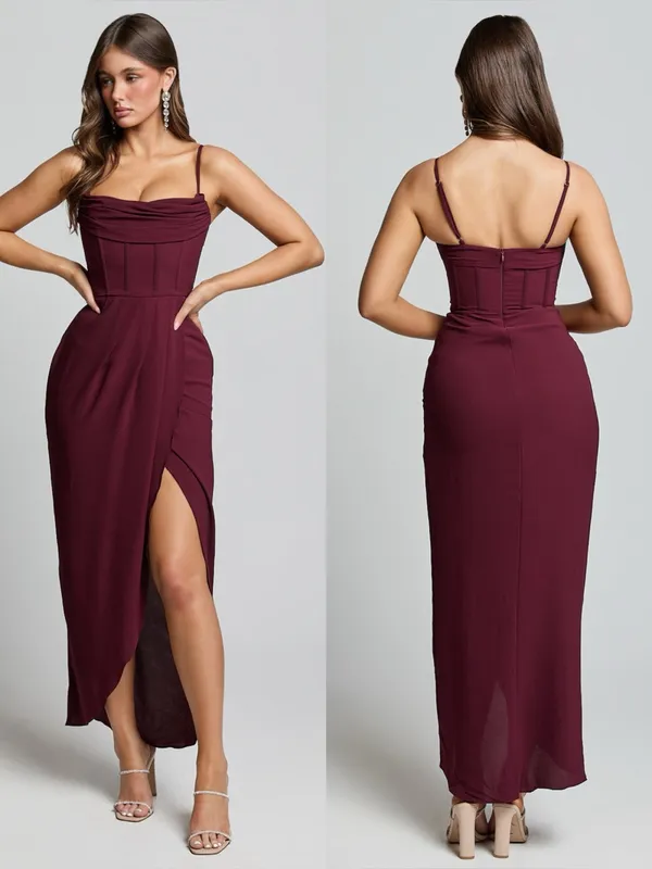 SHOWPO Andrina High Low Wrap Corset Midi Dress In Wine - Image 2