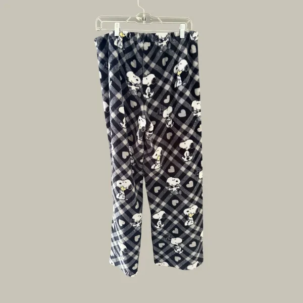 Munki Munki Peanuts Snoopy Fleece Pajama Set XL Black White Plaid Hearts Button - Image 2