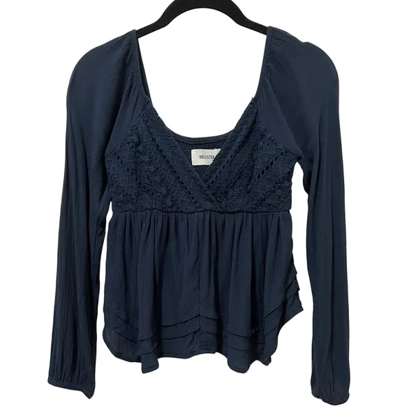 Hollister Easy Lace Bust Babydoll Long Sleeve Top XS Navy - Image 2