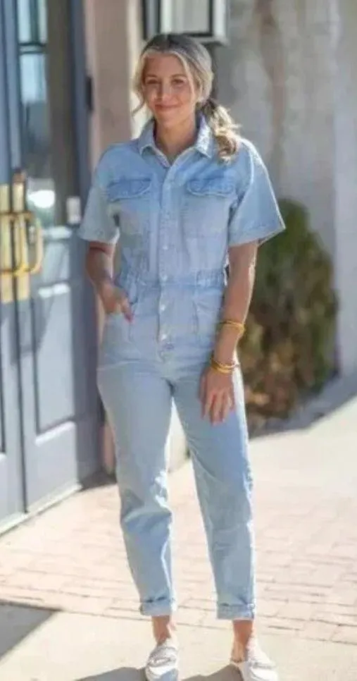 FREE PEOPLE Marci Denim Jumpsuit in Wash Clear Skies Size X-Small - Image 13