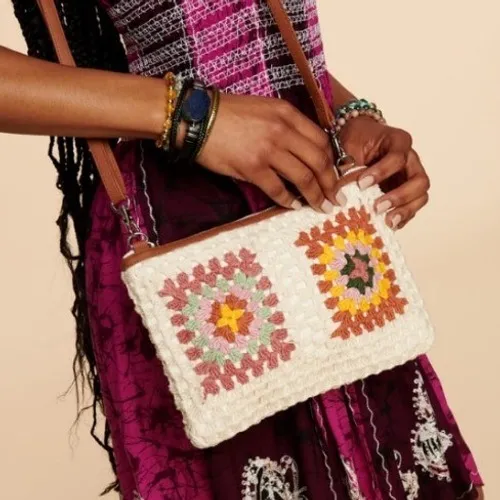 Earthbound Trading Crochet Granny Square Crossbody Bag Cream Boho Festival Purse - Image 2