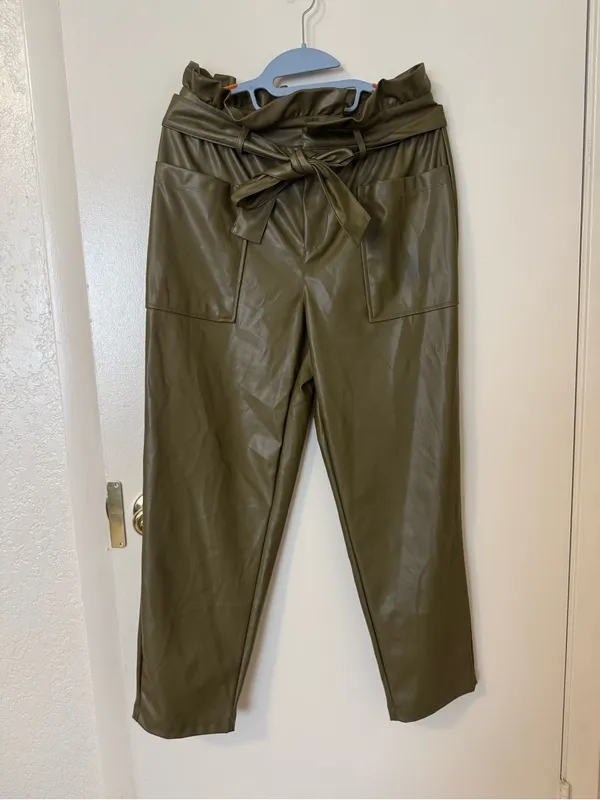 Who What Wear Olive Green Faux Leather Paperbag Waist Ankle Trousers Size 8 - Image 2