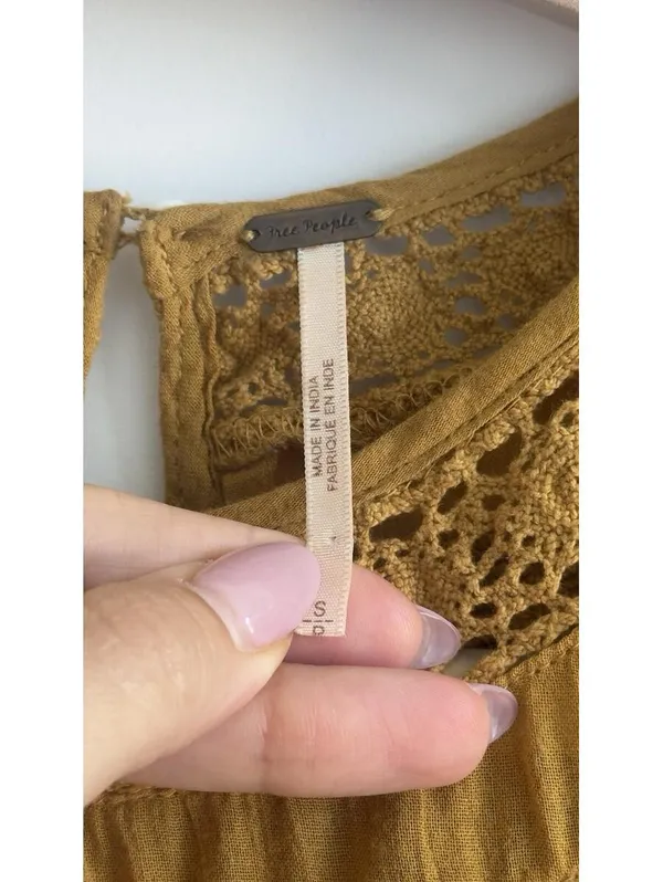 Free People Perfectly Victorian Dress S Mustard Embroidered Crochet Lace Boho - Image 5