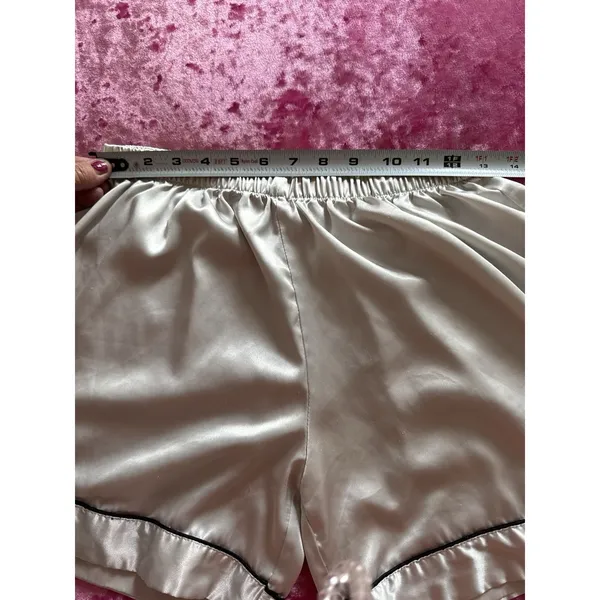 Satin Women s Pajama Shorts Silver Elastic Waistband Medium Black Piping Fancy - Image 3