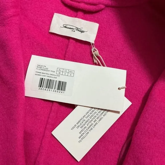 NWT American Vintage Fluorescent Pink Wool Long Blazer Coat with Notched Lapel‎ - Image 4