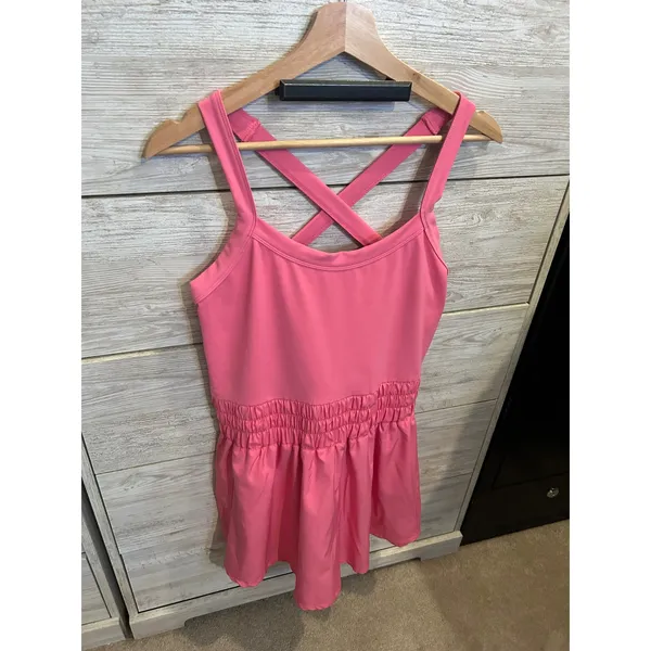 Pink Activewear Exercise Dress Cross Back Smocked Waist Athletic Mini Dress L - Image 3