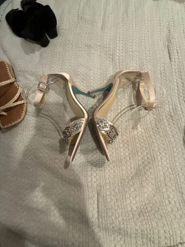 Blue by Betsey Johnson Gina Champagne Satin Rhinestone Ankle Strap Heels - Image 8