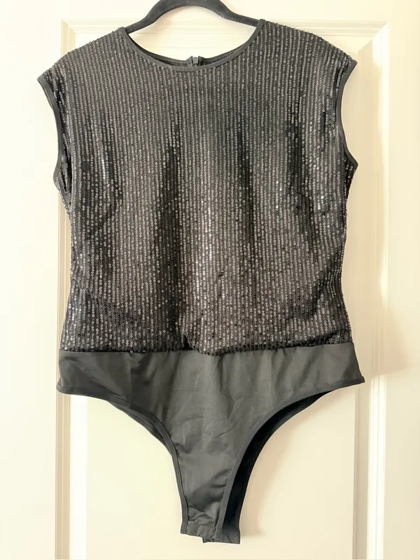 Woman Black Sequin One-Piece Bodysuit - Image 2