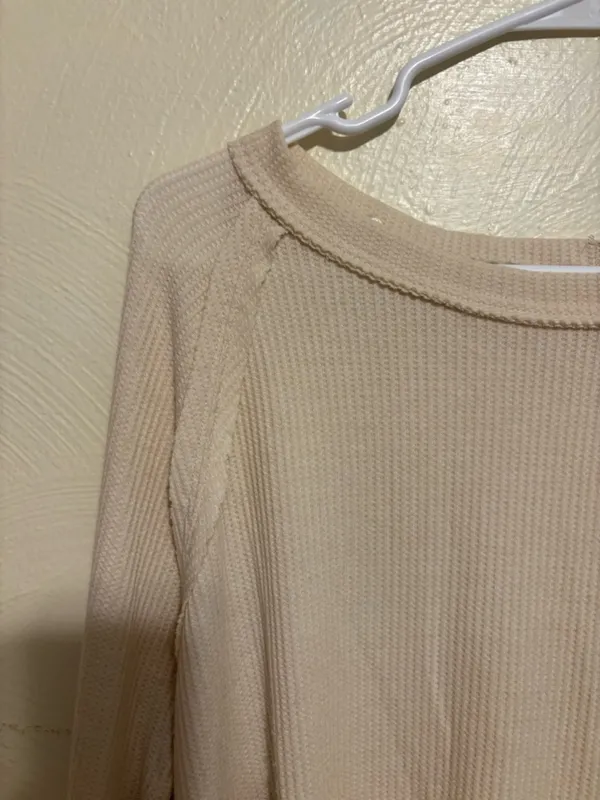 Umgee Boho Waffle Knit Babydoll Top Cream Embroidered Sleeve Medium - Image 7