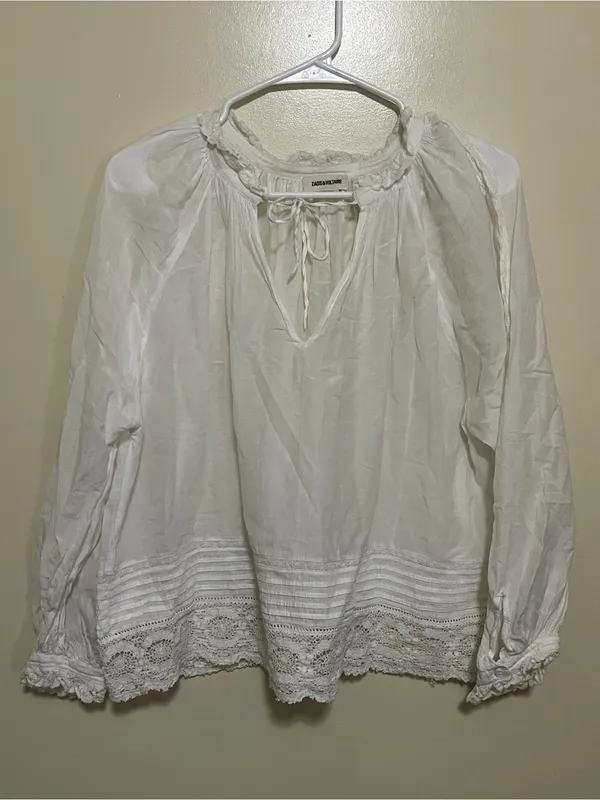 Zadig & Voltaire White Boho Lace-Trim Peasant Blouse - Image 2