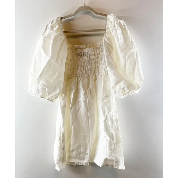 Tuckernuck Linen Square Neck Elbow Length Puff Sleeve Mini Dress Ivory Small - Image 4
