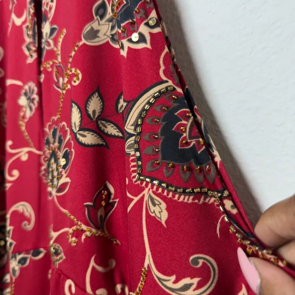 American Vintage VTG 90s Babydoll Whimsigoth Top XL Cherry Red Sequins Jacquard Asian Print Halte - Image 5