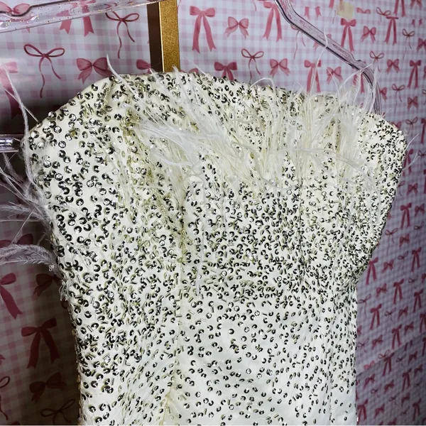 NBD x Revolve GRACY Strapless White Ostrich Feathered Sequin Mini Dress - Image 5