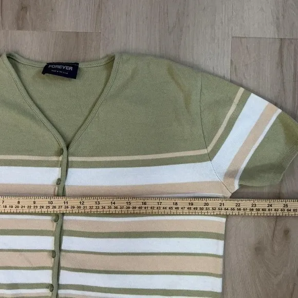 Vintage Y2K Forever Sage Green Fisherman Striped Knit‎ Cardigan Top Women's L - Image 5