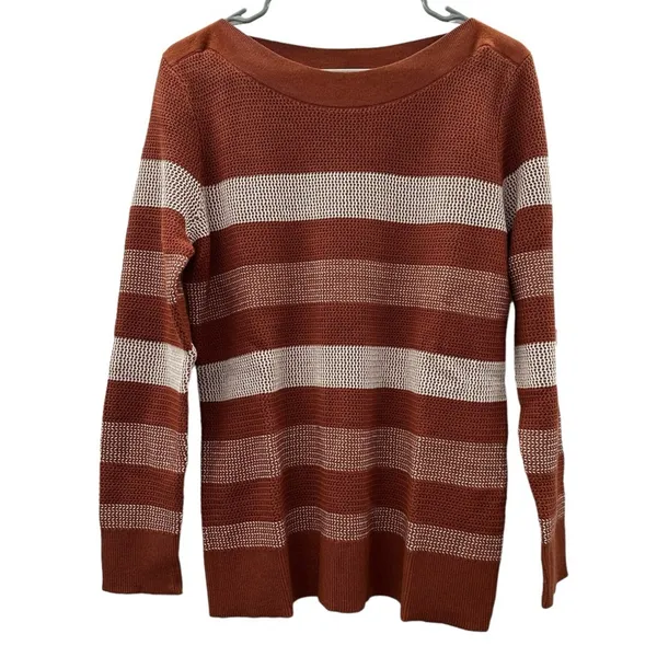 Market & Spruce Tawnee Cotton Blend Rust‎ & White Stripe Waffle Sweater Sz L NEW - Image 4
