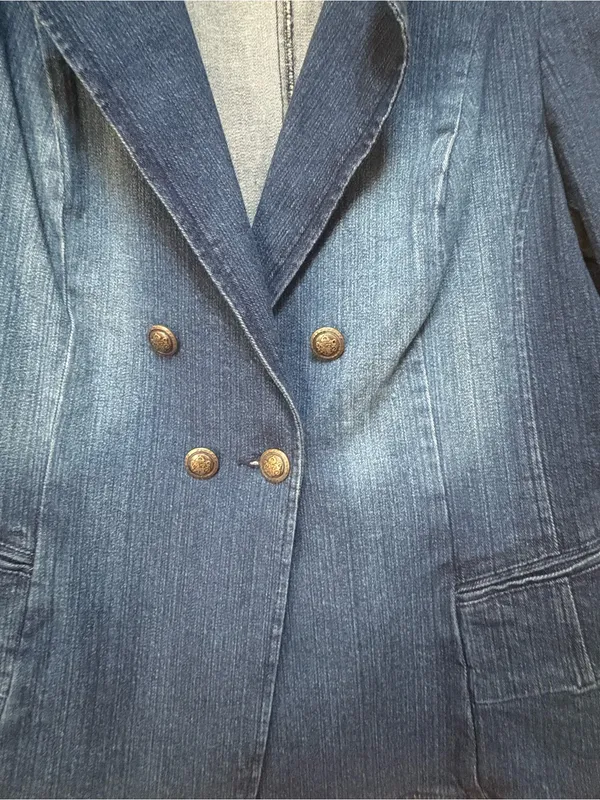 Style & Co XL Denim Blazer Faux Leather Equestrian Double Breasted Y2K Jacket - Image 9