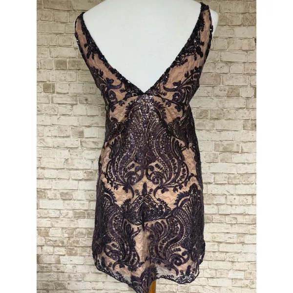 Free People Night Shimmer Sequin Mini Dress Purple Lace Nude Slip Size 0 $108.00 - Image 6