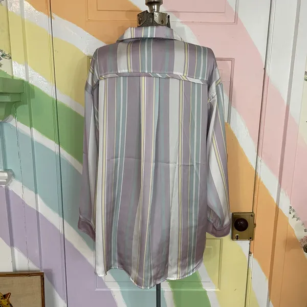 Free People Dreamy Days Satin Oversized Pastel Stripe Pajama Shirt Top XS 💛🎀 - Image 6
