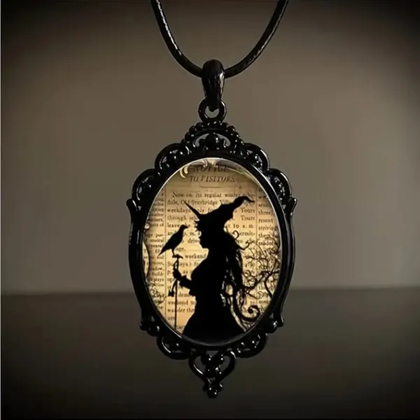 Witch And‎ Raven Cameo Black Pendant, Vintage Style Gothic Crow Glass Pendant - Image 11