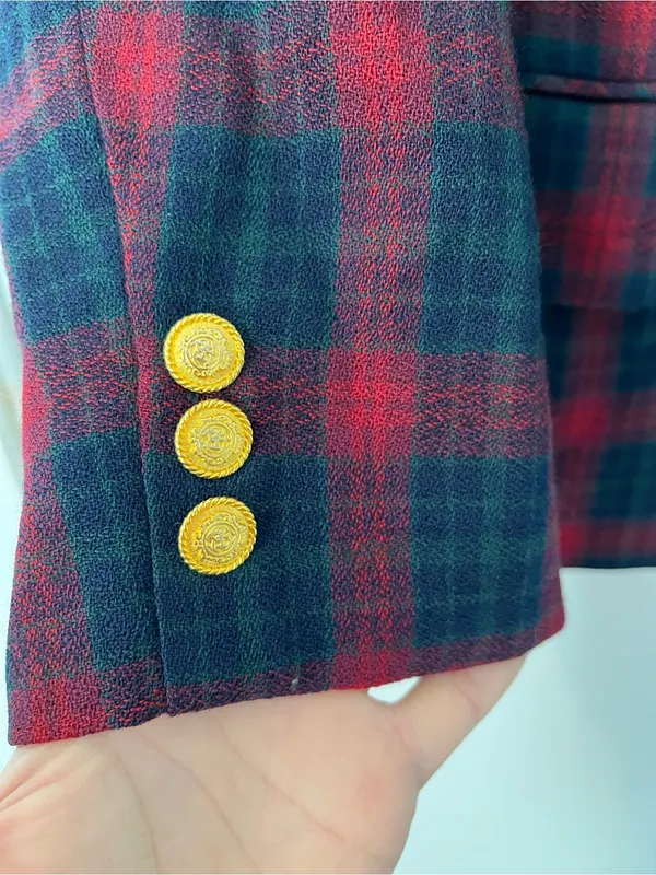 Vintage Red Green Navy Plaid Double-Breasted Blazer gold button wool HOLES - Image 2