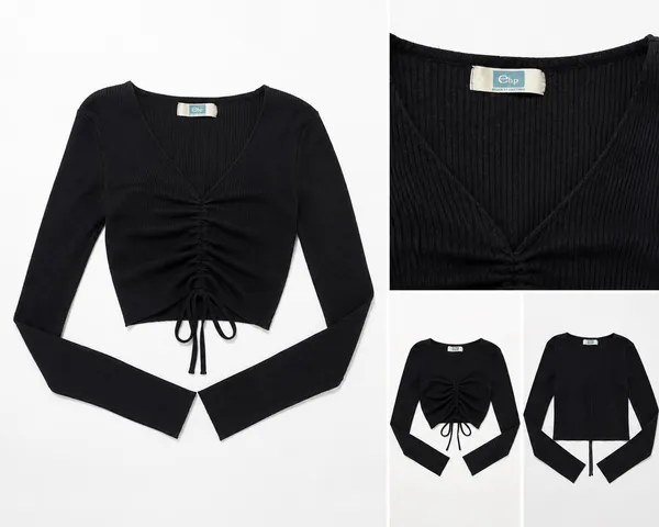 Black Ribbed Ruched Drawstring Long Sleeve Top Size M - Image 2