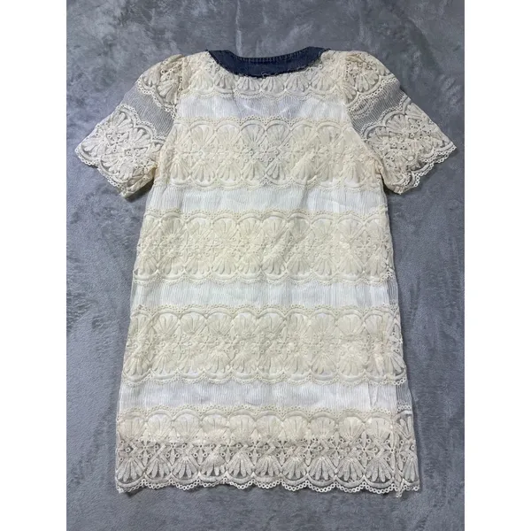 Boho Mini Dress Denim White Lace Crochet Cottagecore Western Large - Image 7
