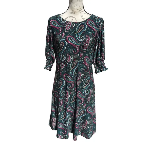 Tommy Hilfiger Womens Paisley Puff Sleeve Fit and Flare Dress Teal Pink Size 10 - Image 2