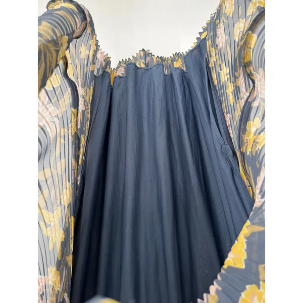 LOFT Pleated Maxi‎ Skirt XL Dusty Blue Yellow Floral Elastic Waist Accordion - Image 4