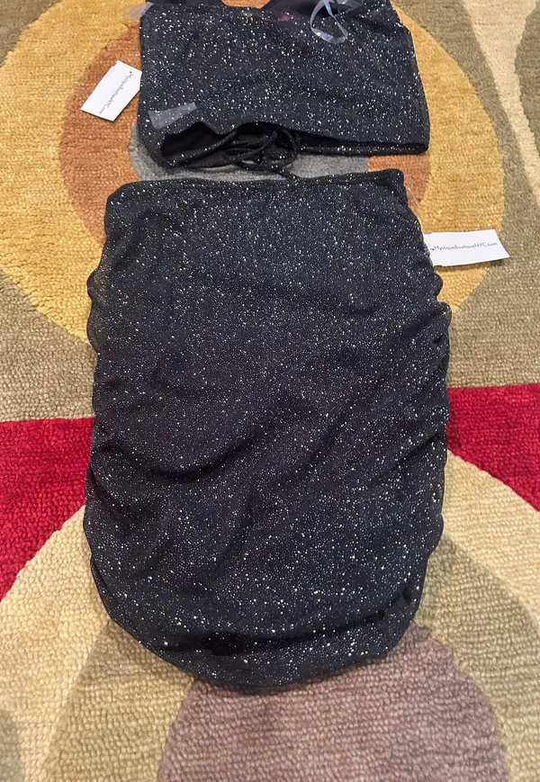 NWT Black Glitter Sparkly Two Piece Matching Set Crop Top Ruched Mini Skirt S - Image 7